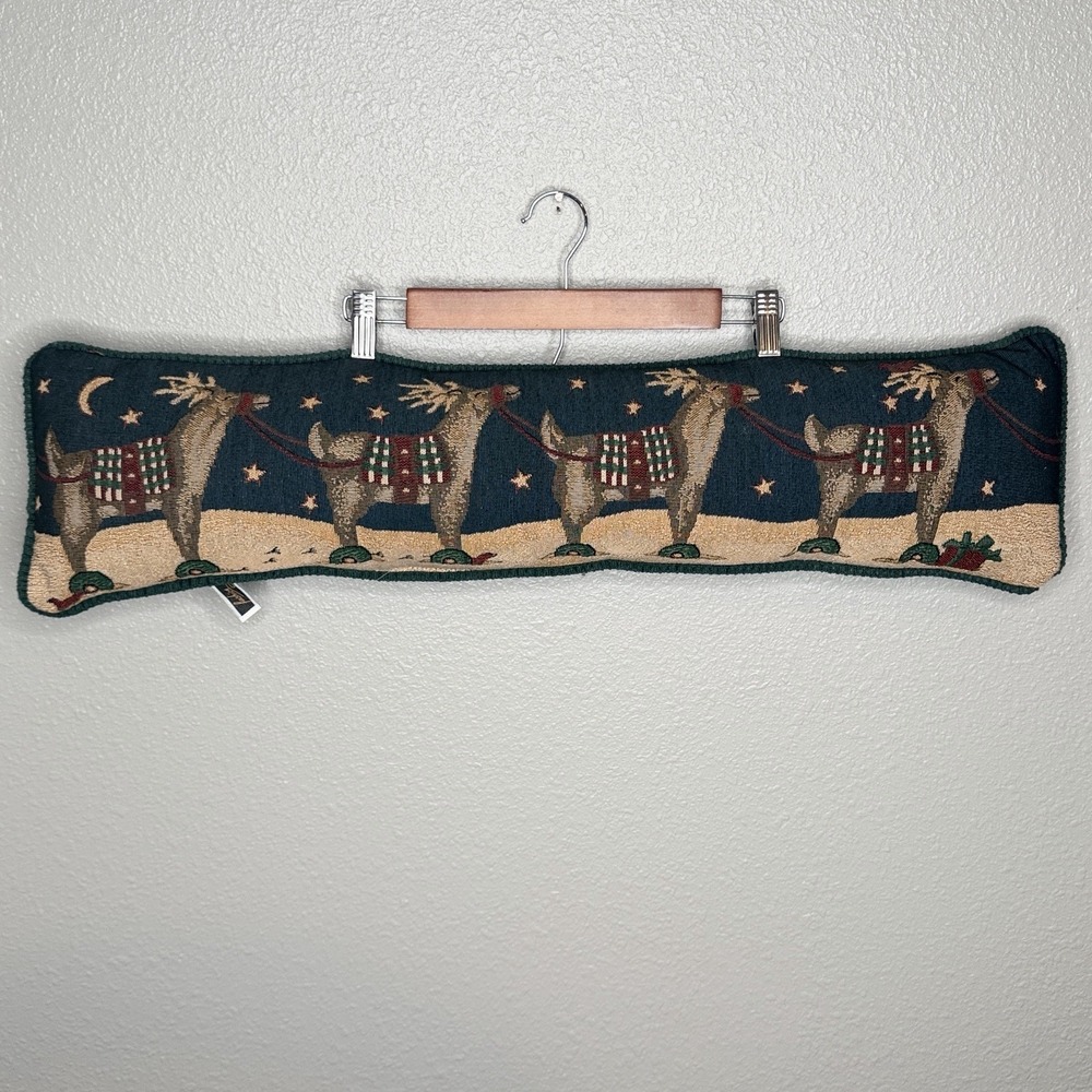 VTG Christmas Reindeer Tapestry Lumbar Pillow 29x8 Cabin Lodge Holiday Decor‎
